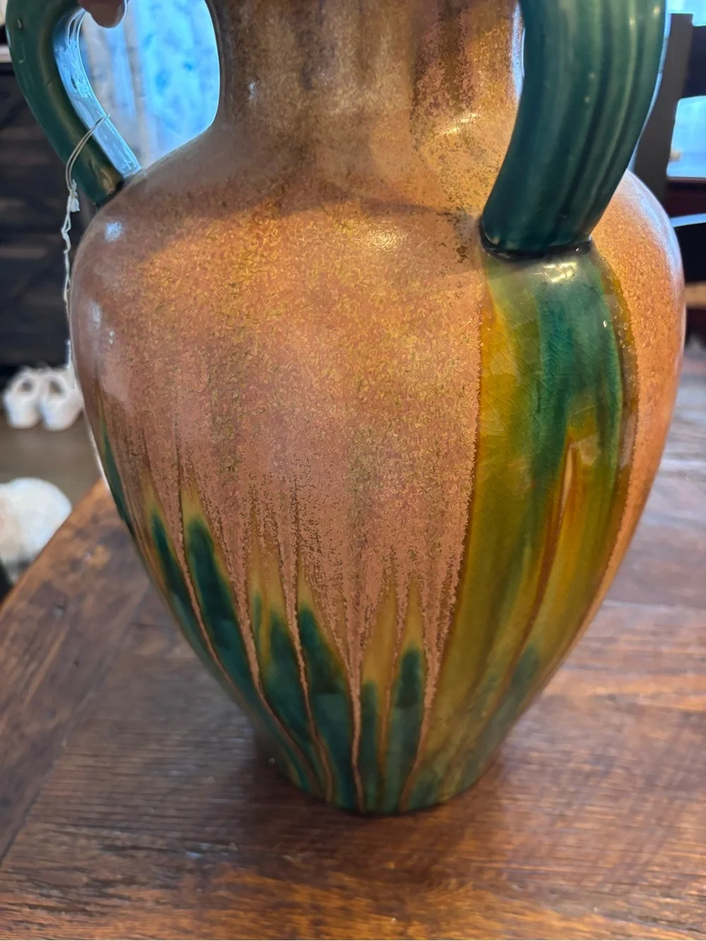 Pier 1 Handcrafted Ceramic Urn Vase with Green Drip Accents